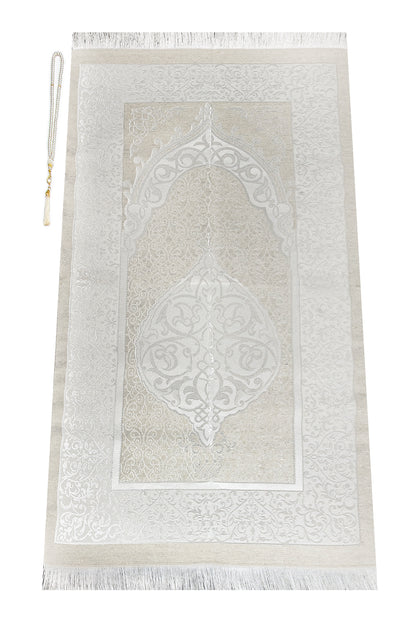 Elegant White Silky Muslim Prayer Rug Set (Sajadah | Tasbih | Cylinder Box) - Ihvan