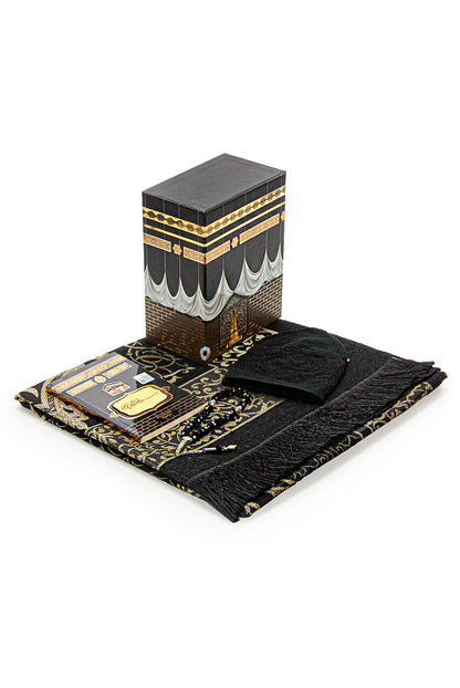 Elegant Black Islamic Prayer Gift Set with Kaaba Box | Yaseen | Prayer Rug | Tasbih | Kufi Hat - Ihvan