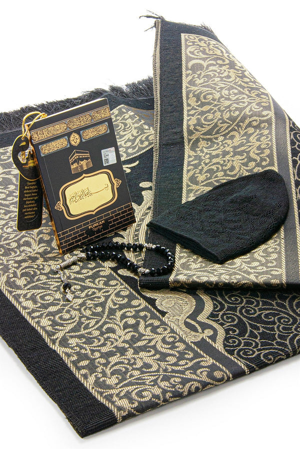Elegant Black Islamic Prayer Gift Set with Kaaba Box | Yaseen | Prayer Rug | Tasbih | Kufi Hat - Ihvan
