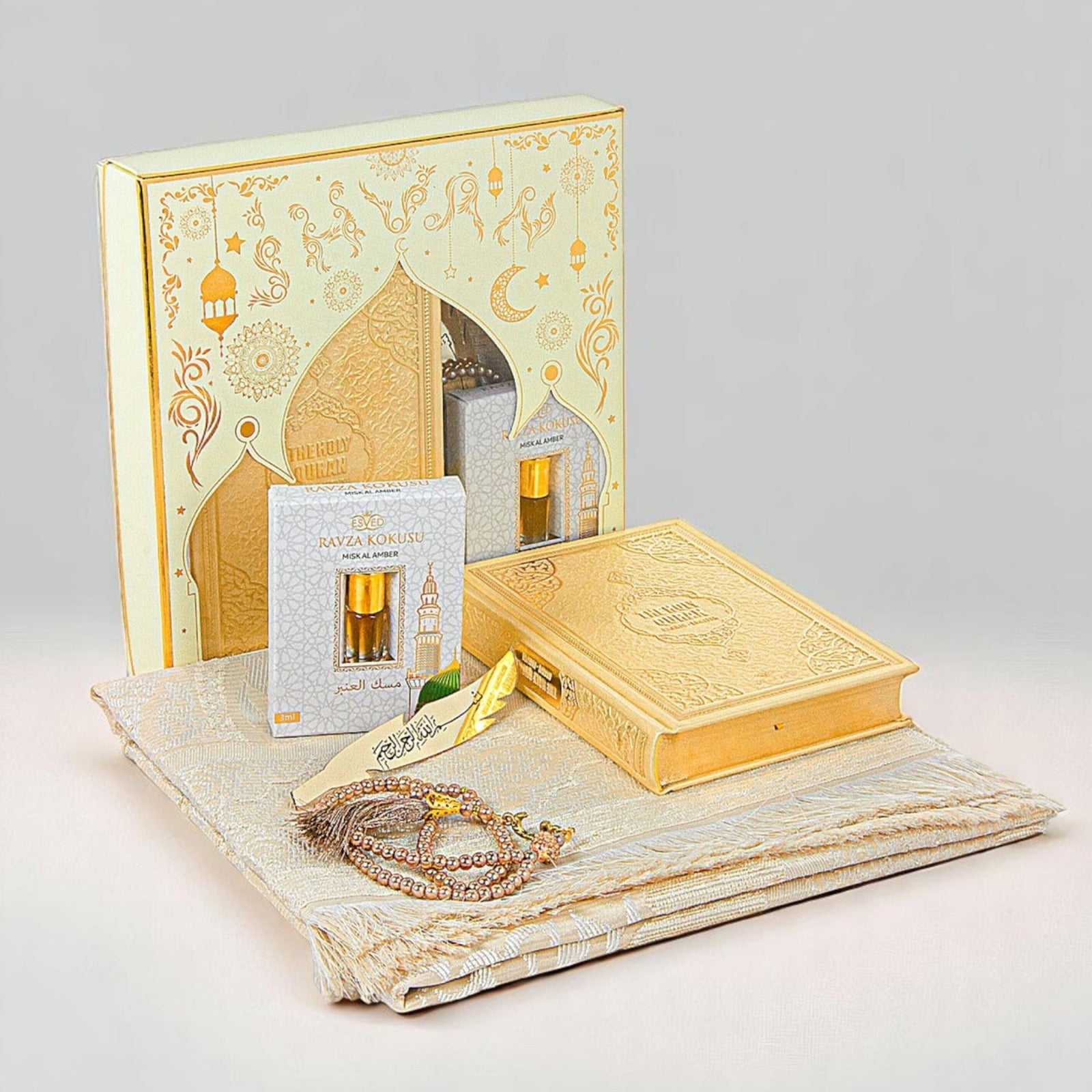 English Quran Gift Set with Prayer Rug, Rosary & Scent | Elegant Islamic Gift Box - Ihvan
