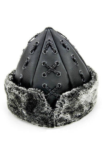 Turkish Ottoman Bork Hat, Ertugrul Leather Fur Winter Cap, Grey Faux Fur and Black Faux Leather - ihvan