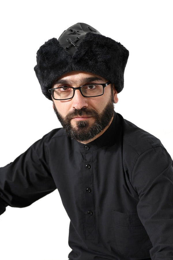 Turkish Ottoman Bork Hat, Ertugrul Leather Fur Winter Cap, Grey Faux Fur and Black Faux Leather - ihvan