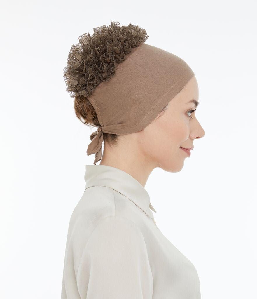 Stitched Anti - Slip Guipure Ruffle Bonnet Black White Pink Brown Cream Navy Blue - ihvan