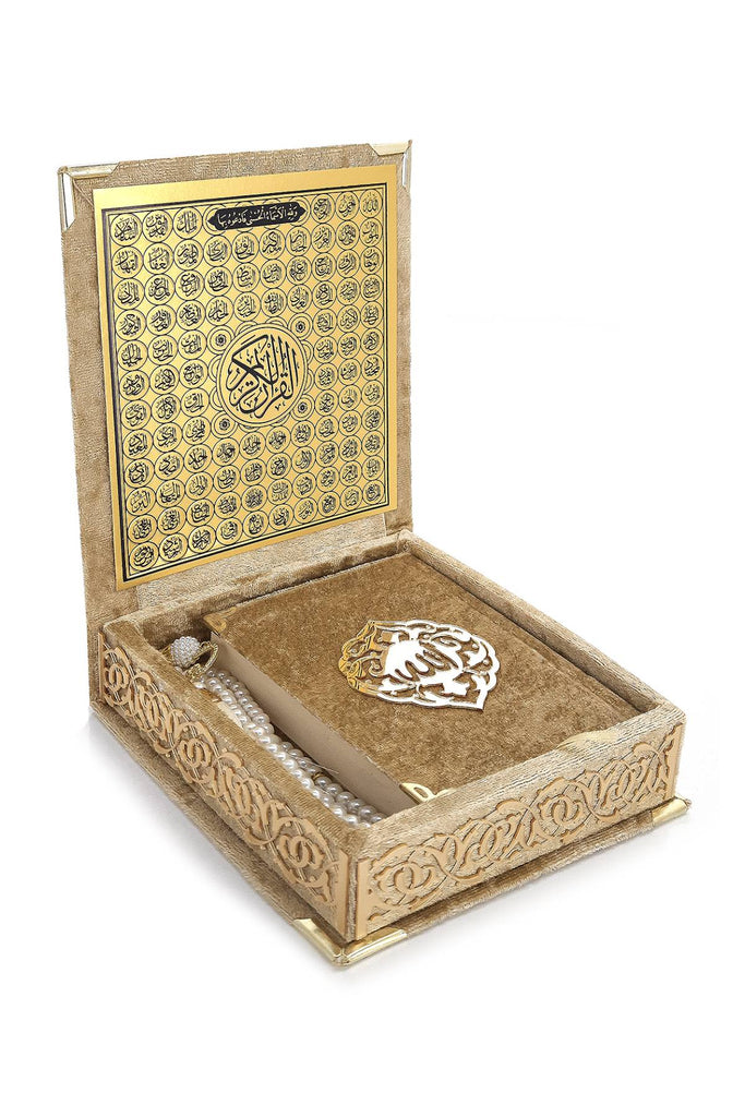 Gold Holy Quran Gift Set | Pocket-Size Velvet Qu'ran, Tasbih & Asma-ul Husna Box | Islamic Prayer Gift for Ramadan & Eid - Ihvan