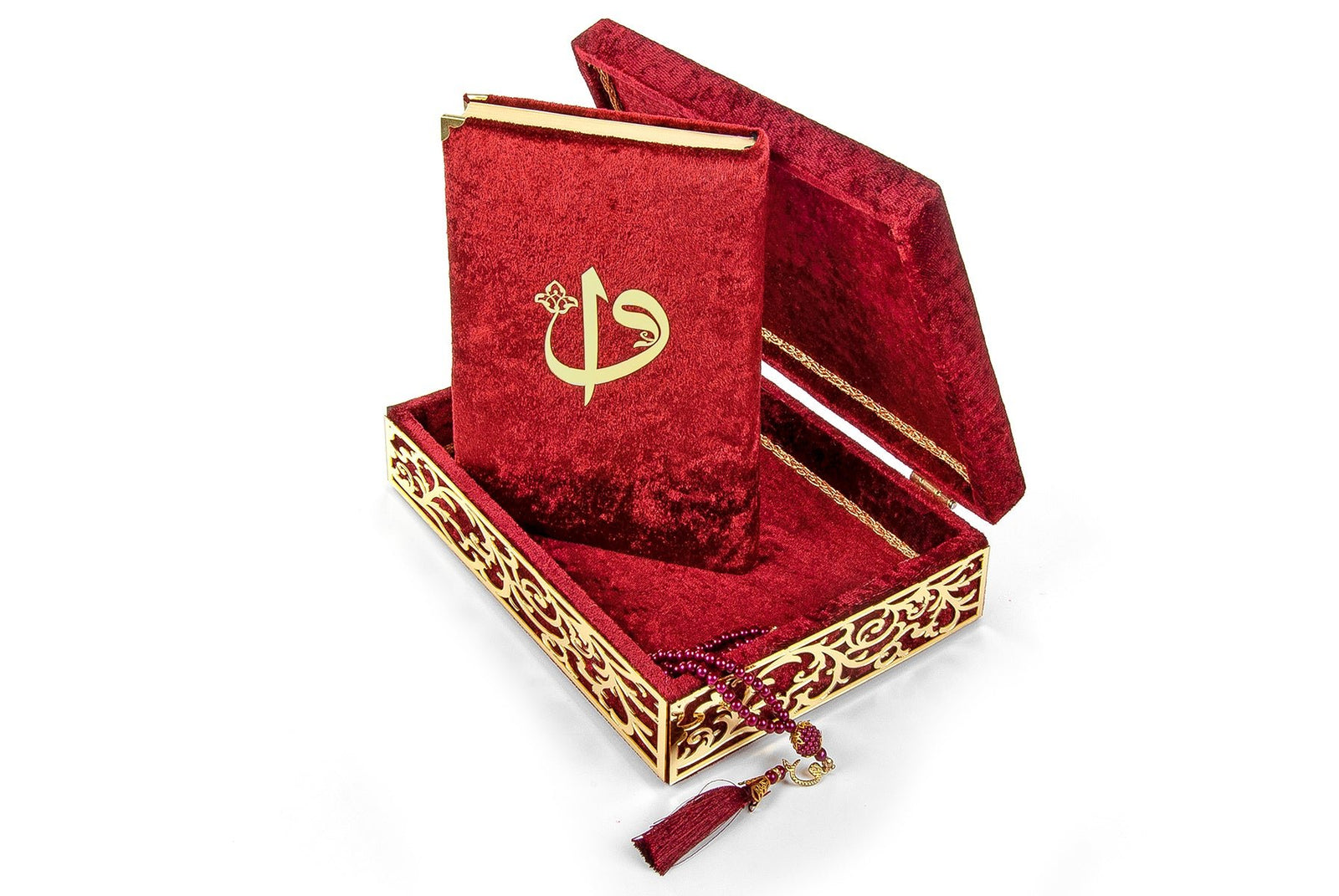 Velvet Covered Holy Quran and Prayer Beads with Decorative Box Set, Islamic Ramadan Eid Gifts - ihvan