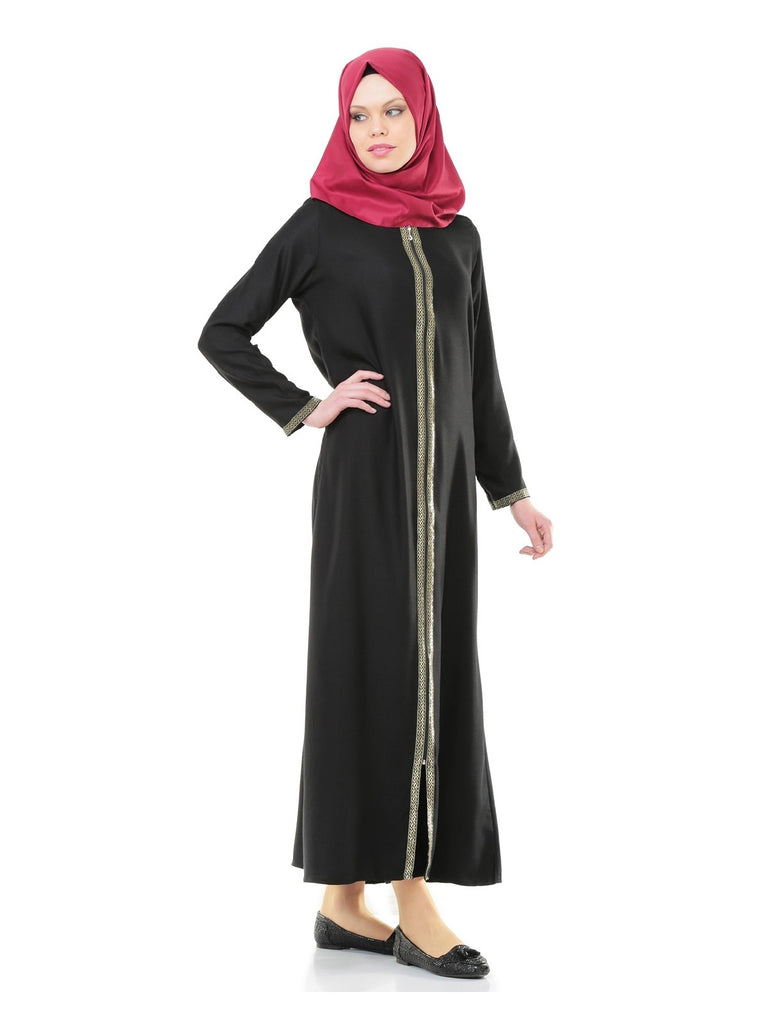 Muslimische Kleider für Frauen, bequemes Design mit Reißverschluss, Baggy-Schnitt, dünn und leicht, einteiliges Abaya-Islamisches Kleid mit langen Ärmeln in voller Länge, Schwarz
