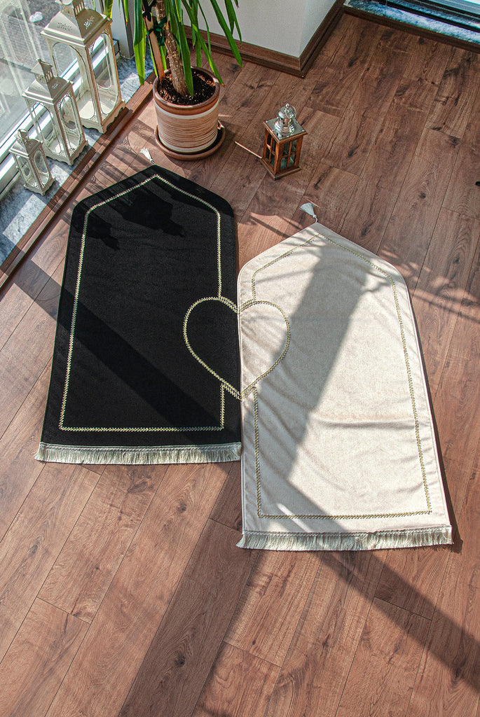 Premium Black & Cream Muslim Prayer Rug Set for Couples | Padded Velvet - Ihvan