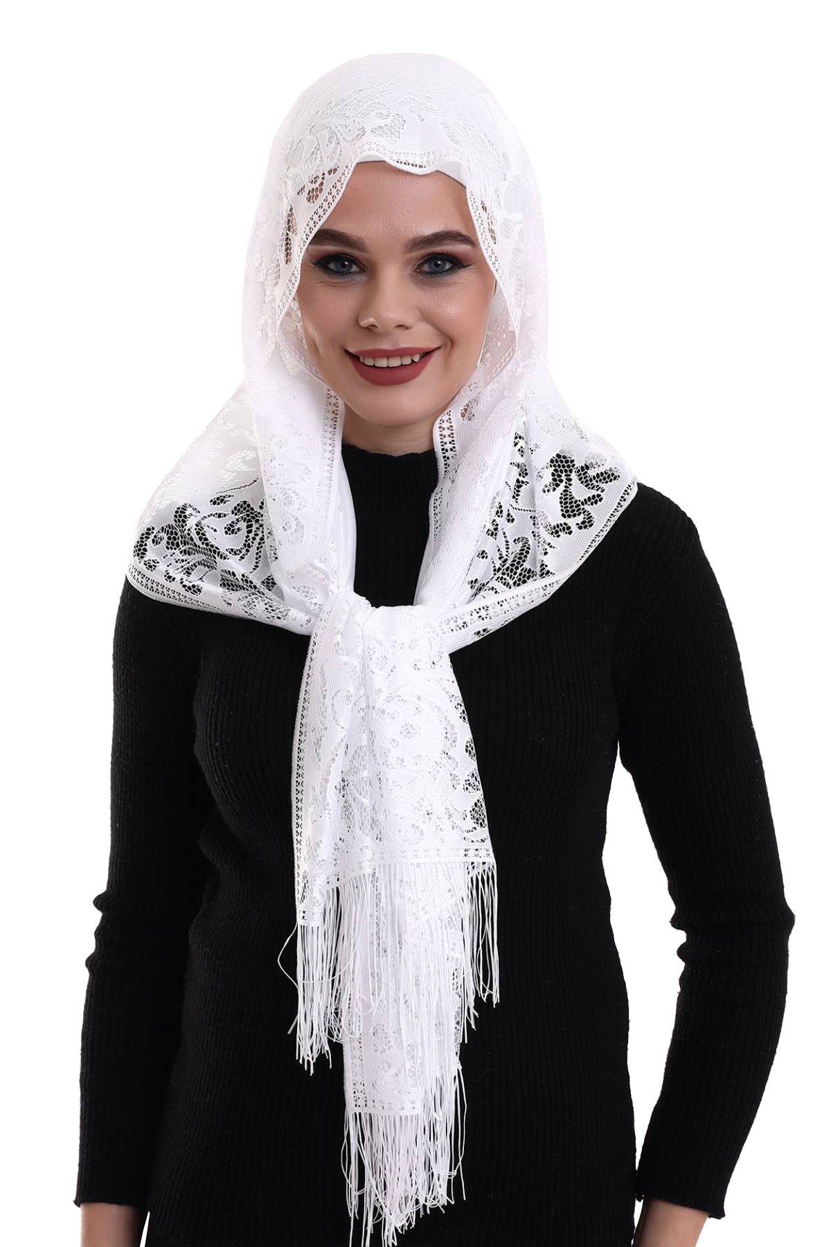 Delicate Tulle Scarf with Lace & Fringe | Lightweight Islamic Tulle Shawl Hijab for Women - Ihvan