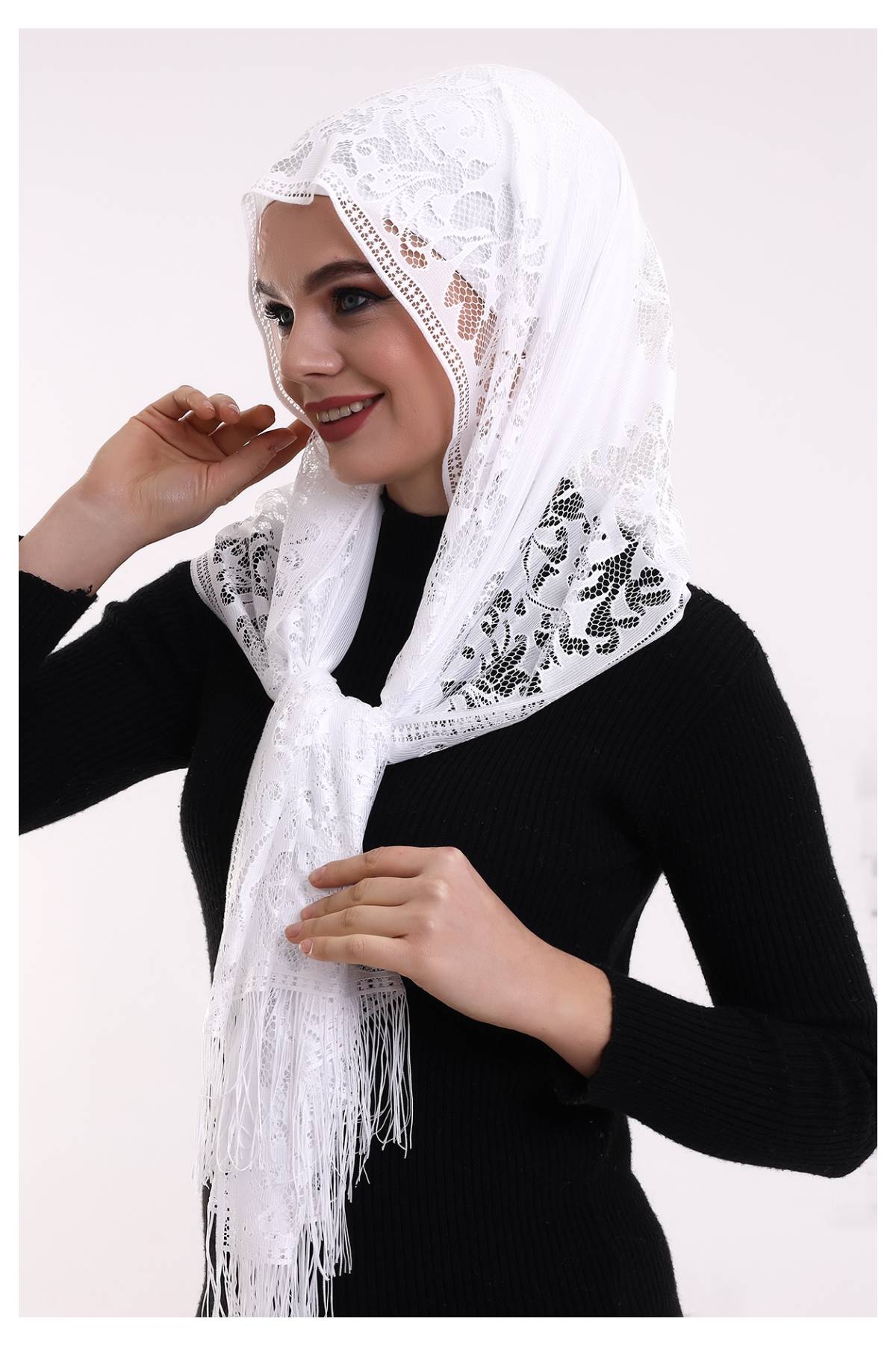 Delicate Tulle Scarf with Lace & Fringe | Lightweight Islamic Tulle Shawl Hijab for Women - Ihvan