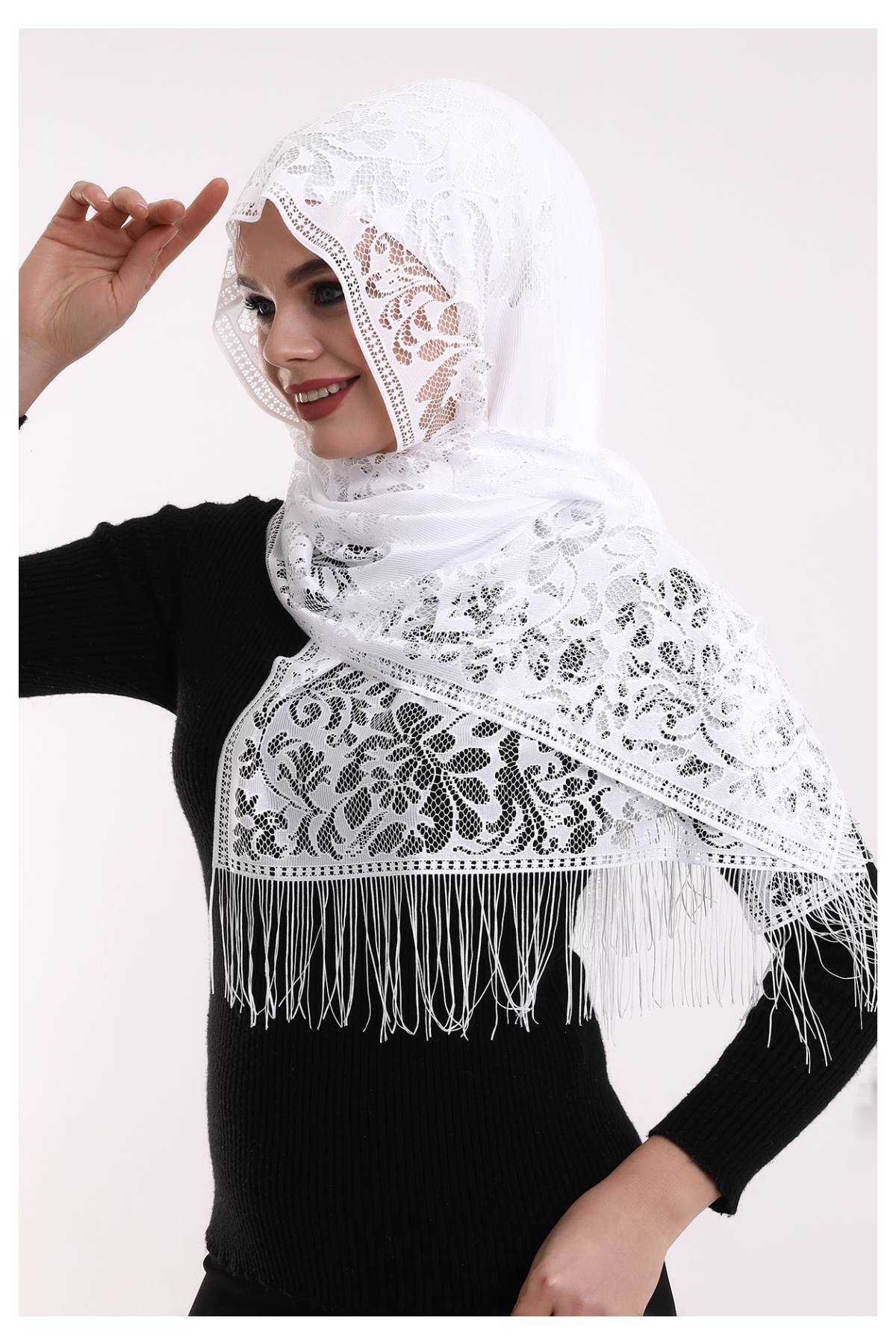 Delicate Tulle Scarf with Lace & Fringe | Lightweight Islamic Tulle Shawl Hijab for Women - Ihvan