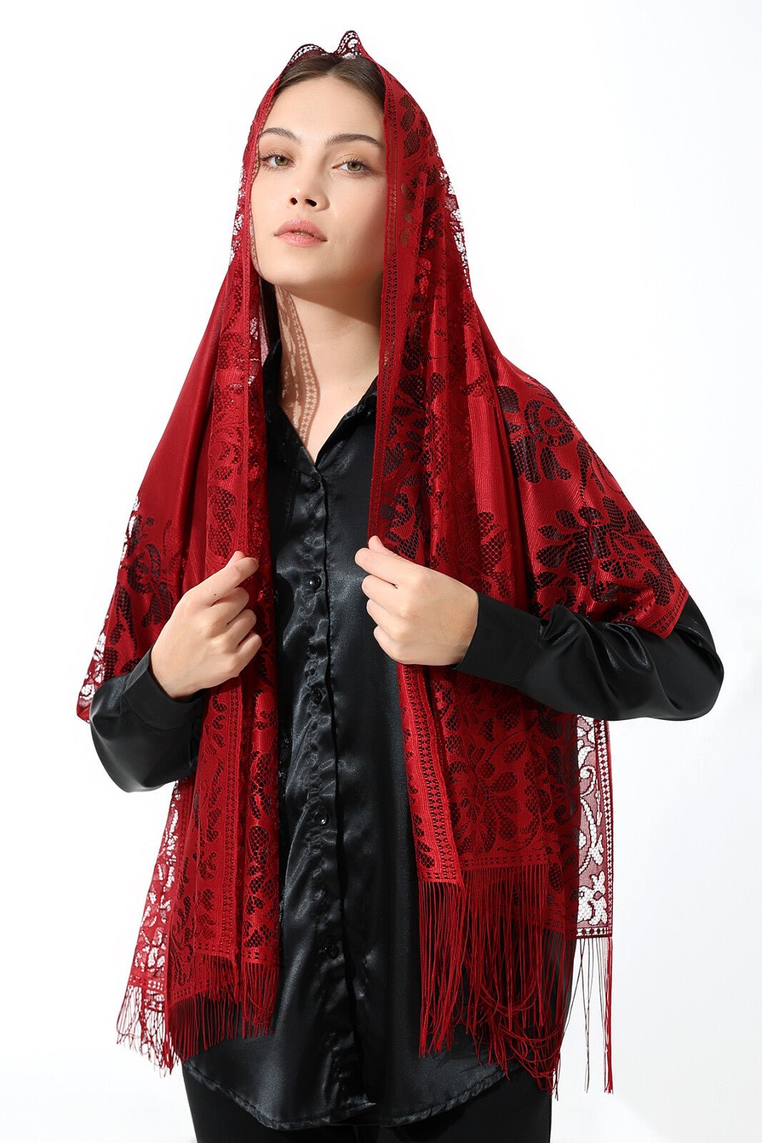 Elegant Cotton Tulle Islamic Shawl | Lace-Edged Lightweight Hijab | Muslim Head Scarf - Red - Ihvan