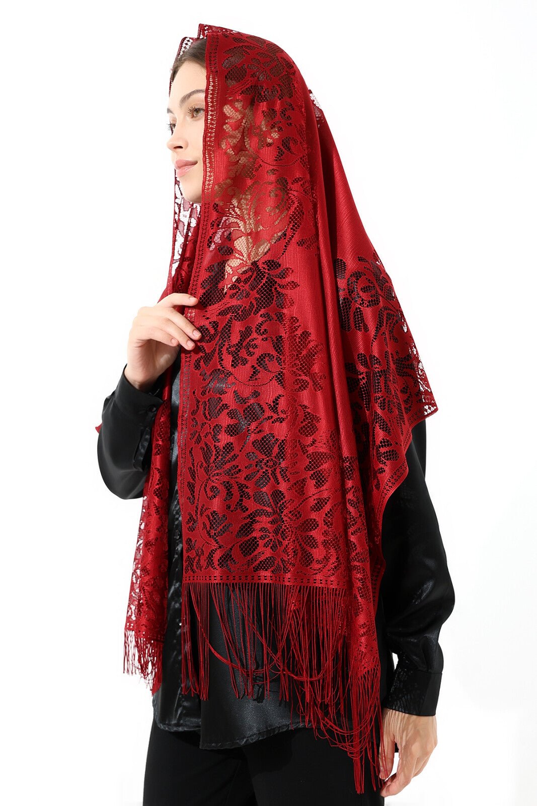 Elegant Cotton Tulle Islamic Shawl | Lace-Edged Lightweight Hijab | Muslim Head Scarf - Red - Ihvan