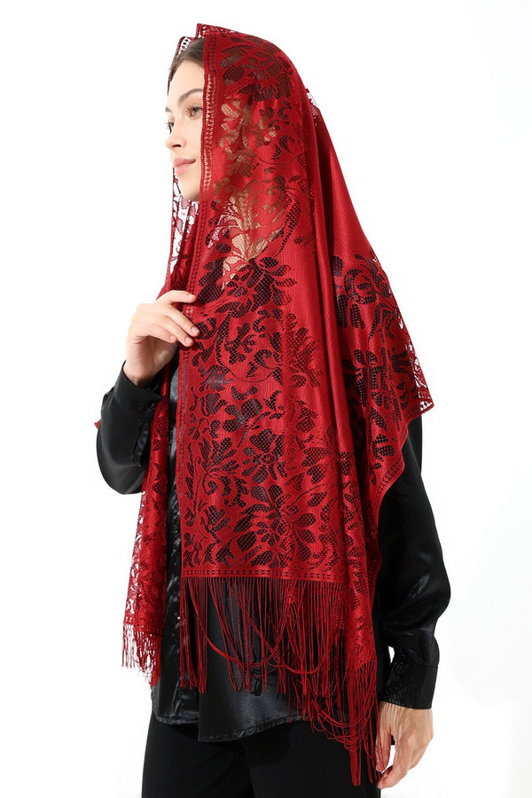 Elegant Cotton Tulle Islamic Shawl | Lace-Edged Lightweight Hijab | Muslim Head Scarf - Red - Ihvan