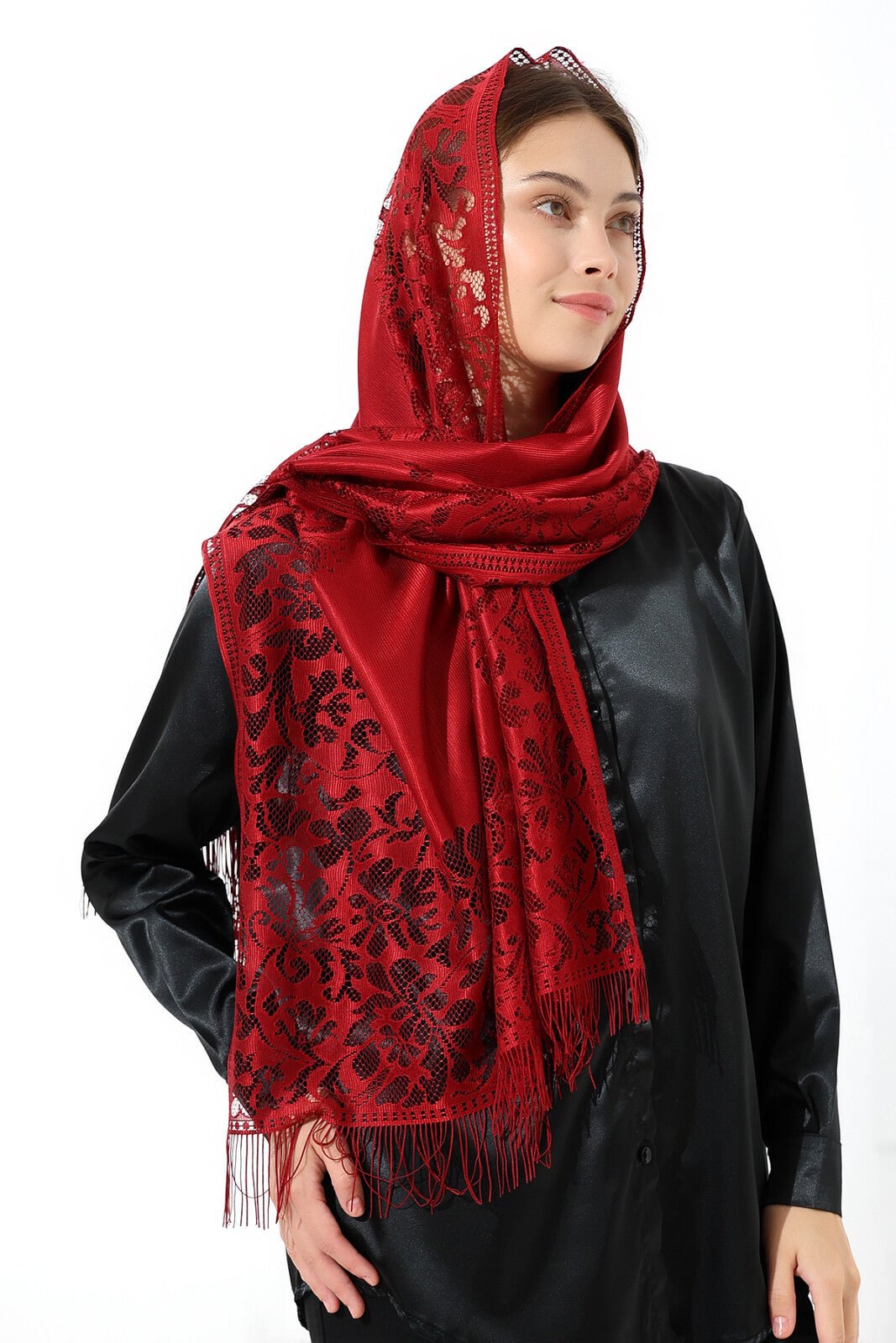Elegant Cotton Tulle Islamic Shawl | Lace-Edged Lightweight Hijab | Muslim Head Scarf - Red - Ihvan