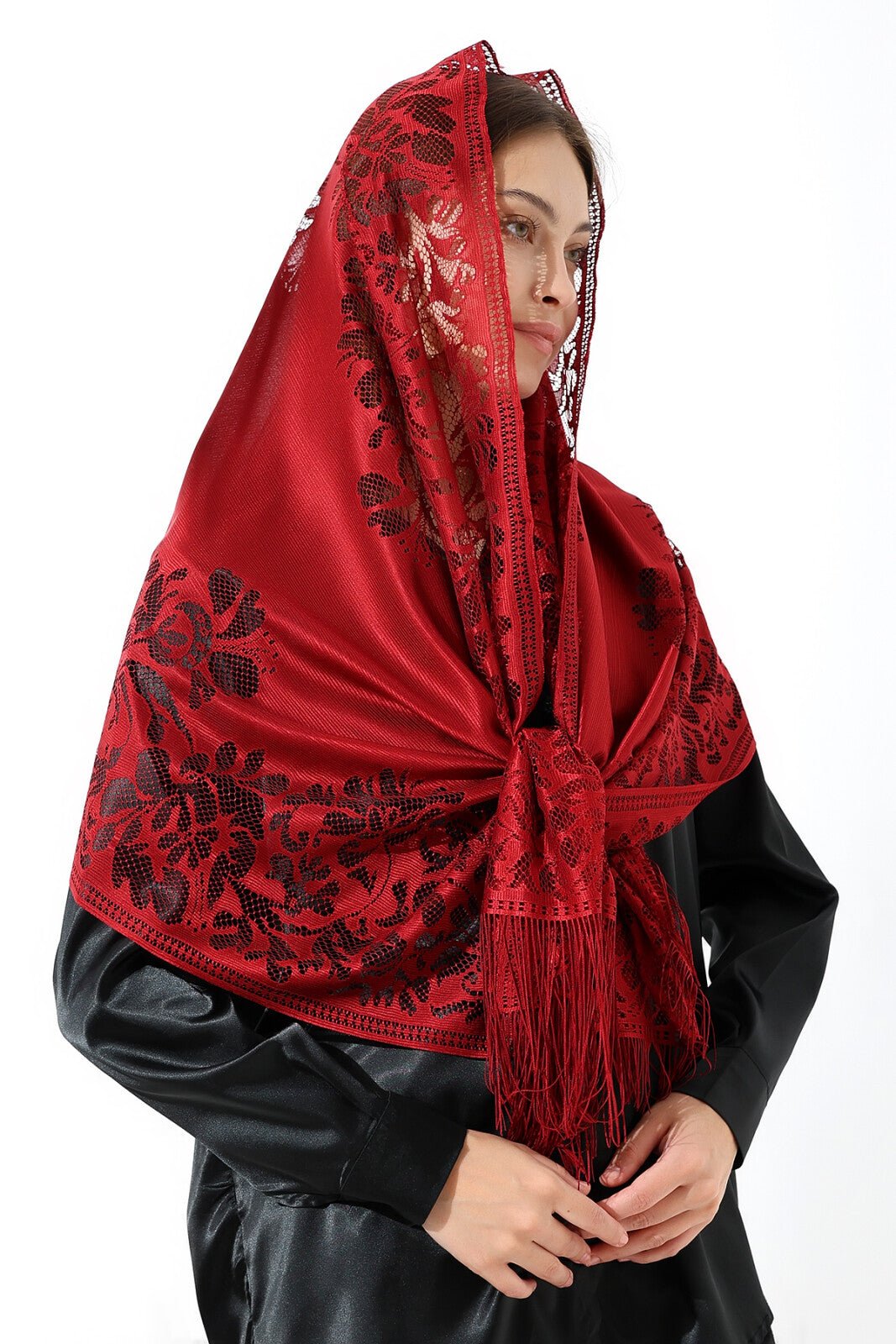 Elegant Cotton Tulle Islamic Shawl | Lace-Edged Lightweight Hijab | Muslim Head Scarf - Red - Ihvan