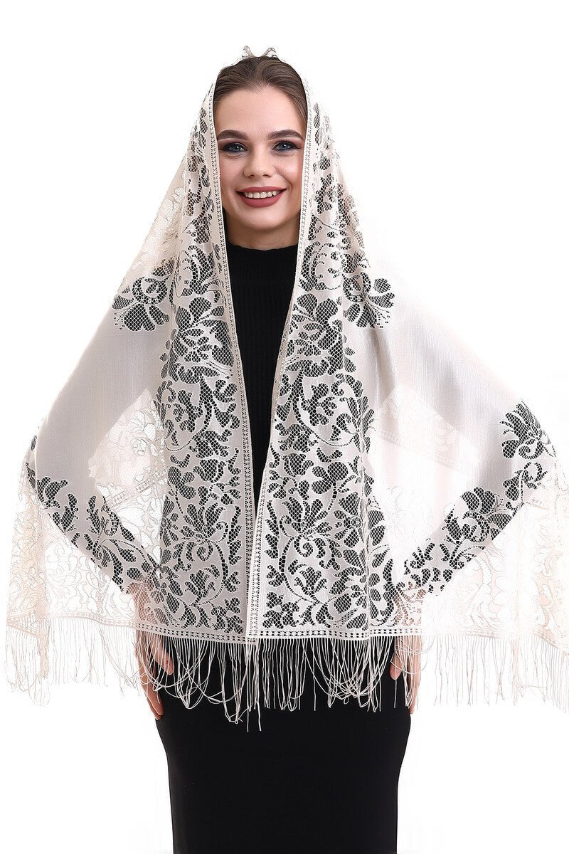 Elegant Cotton Tulle Islamic Shawl | Lace-Edged Lightweight Hijab | Muslim Head Scarf - Cream - Ihvan