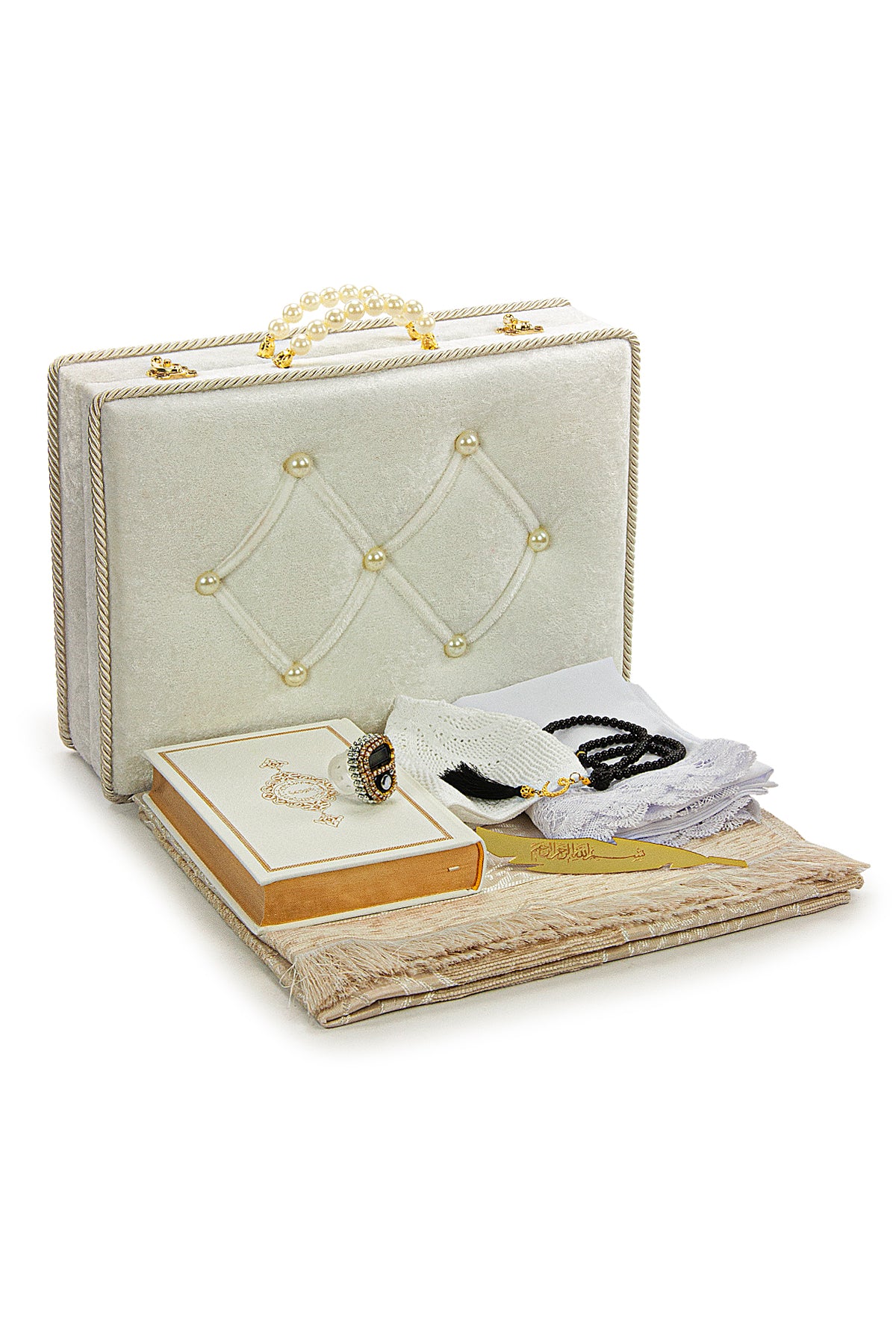 Holy Quran and Prayer Rug Set with Velvet Covered Pearl Case - ihvan