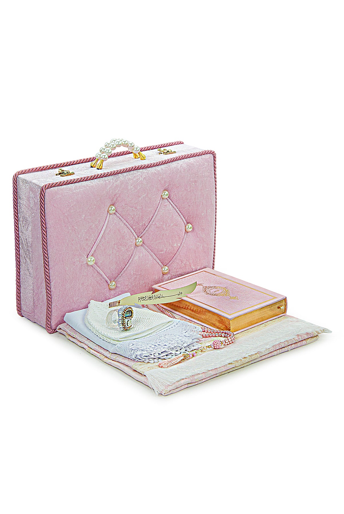 Holy Quran and Prayer Rug Set with Velvet Covered Pearl Case - ihvan