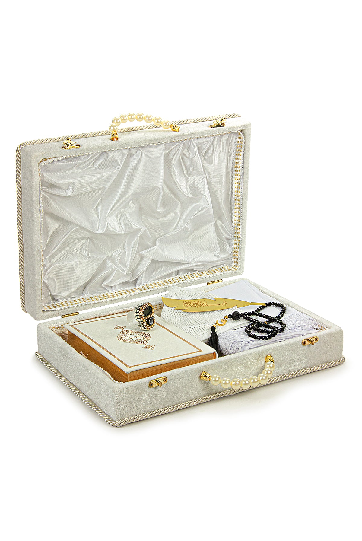 Holy Quran and Prayer Rug Set with Velvet Covered Pearl Case - ihvan