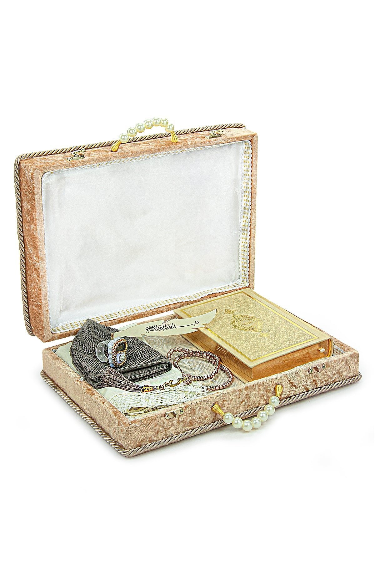Holy Quran and Prayer Rug Set with Velvet Covered Pearl Case - ihvan