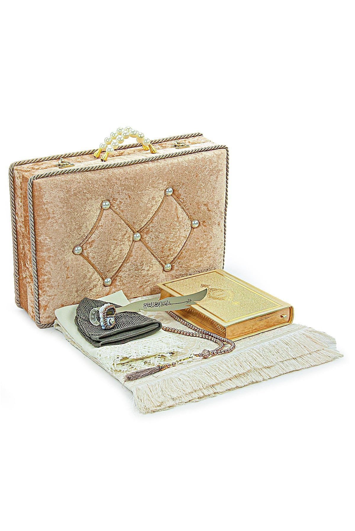 Holy Quran and Prayer Rug Set with Velvet Covered Pearl Case - ihvan