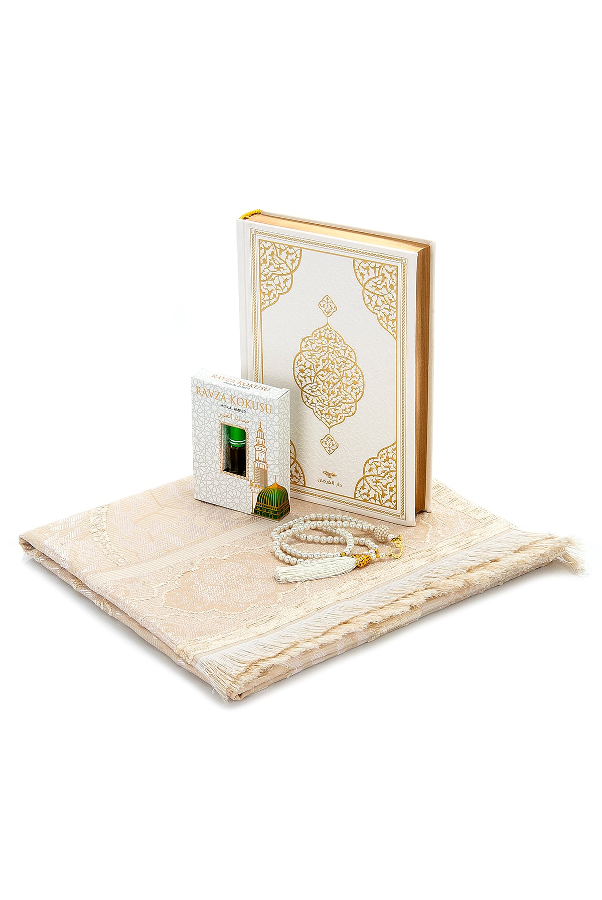 Luxury White Islamic Prayer Gift Set | Quran & Prayer Rug & Tasbih & Fragrance - Ihvan