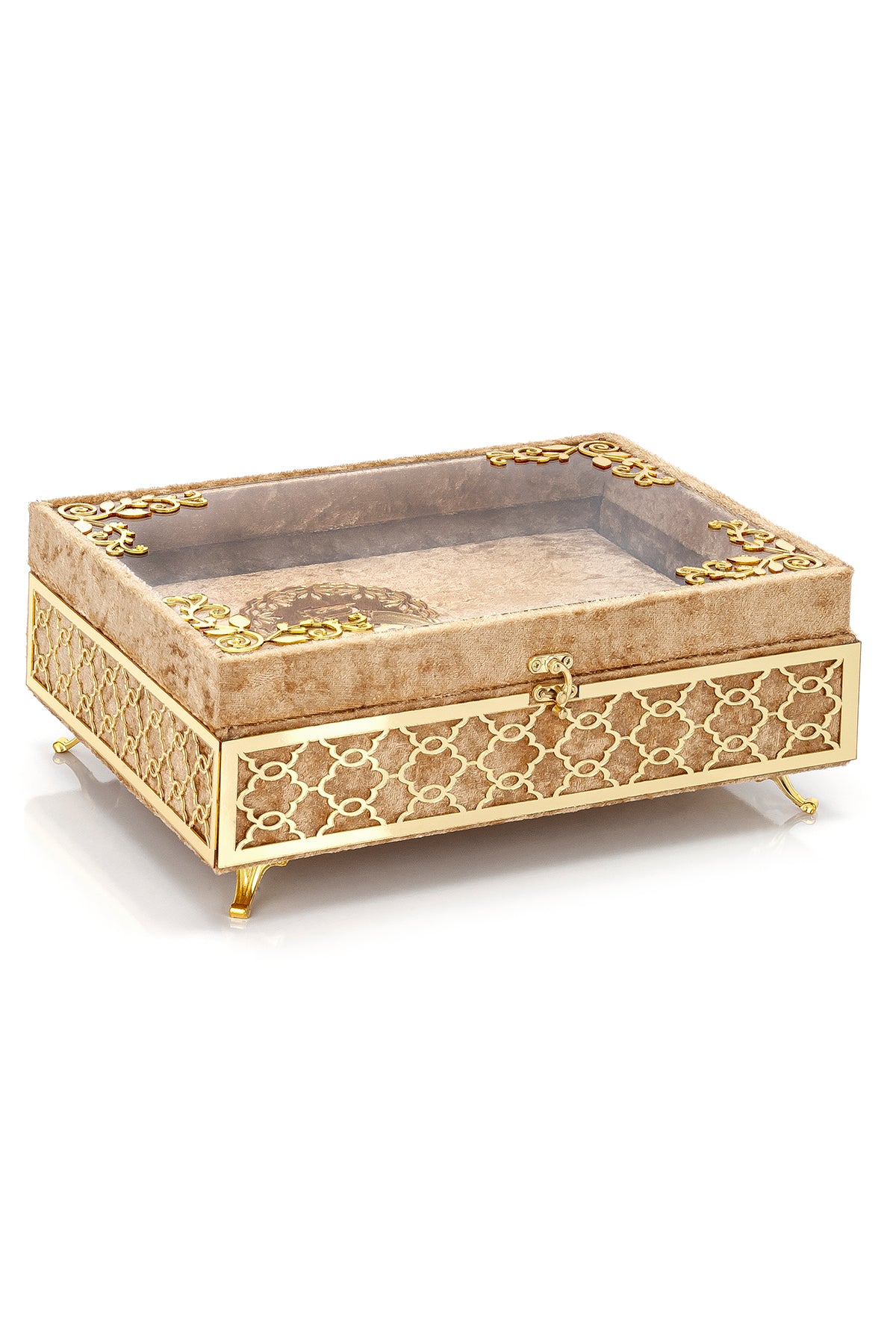 Velvet Covered Holy Quran Gift Set | Gold Embellished Glass-Top Rehal Box | Decorative Islamic Display for Ramadan & Eid - Ihvan