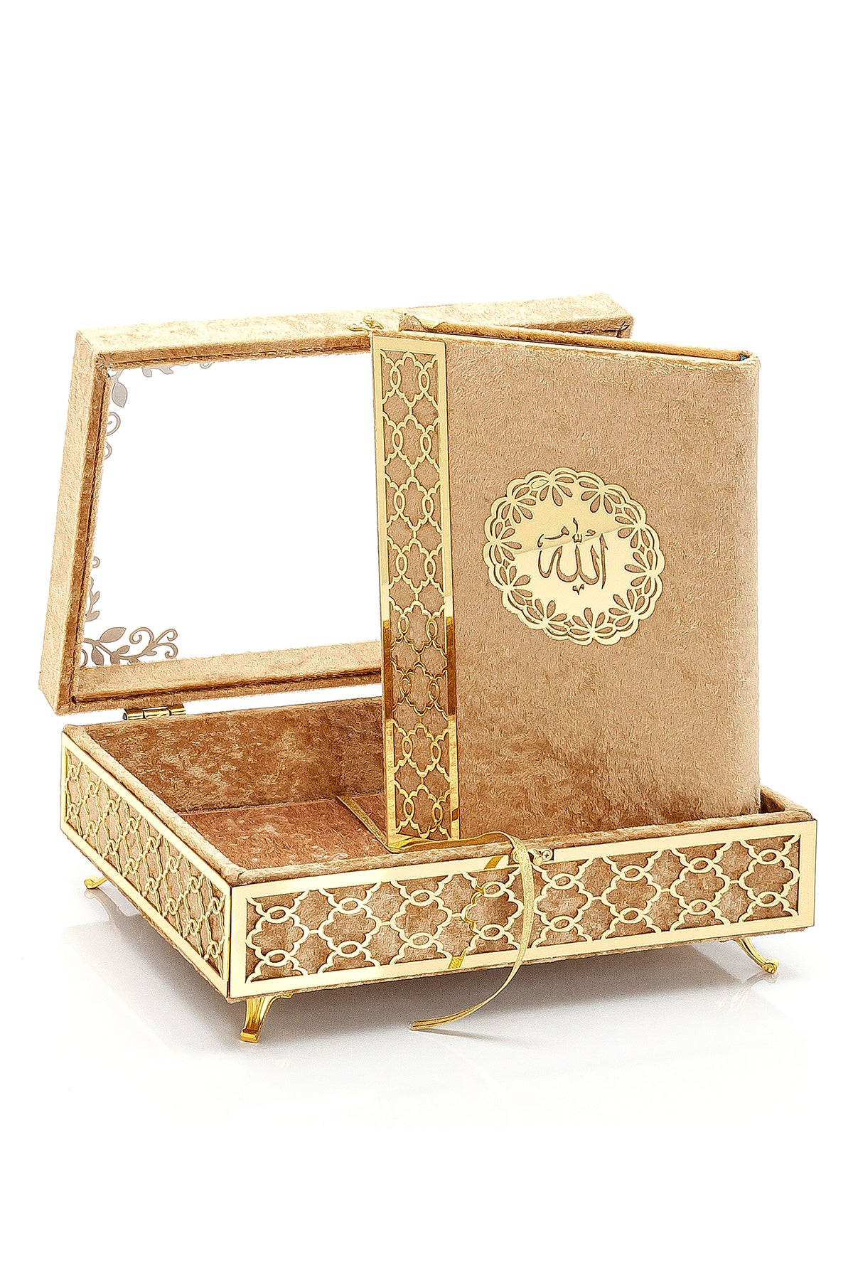 Velvet Covered Holy Quran Gift Set | Gold Embellished Glass-Top Rehal Box | Decorative Islamic Display for Ramadan & Eid - Ihvan