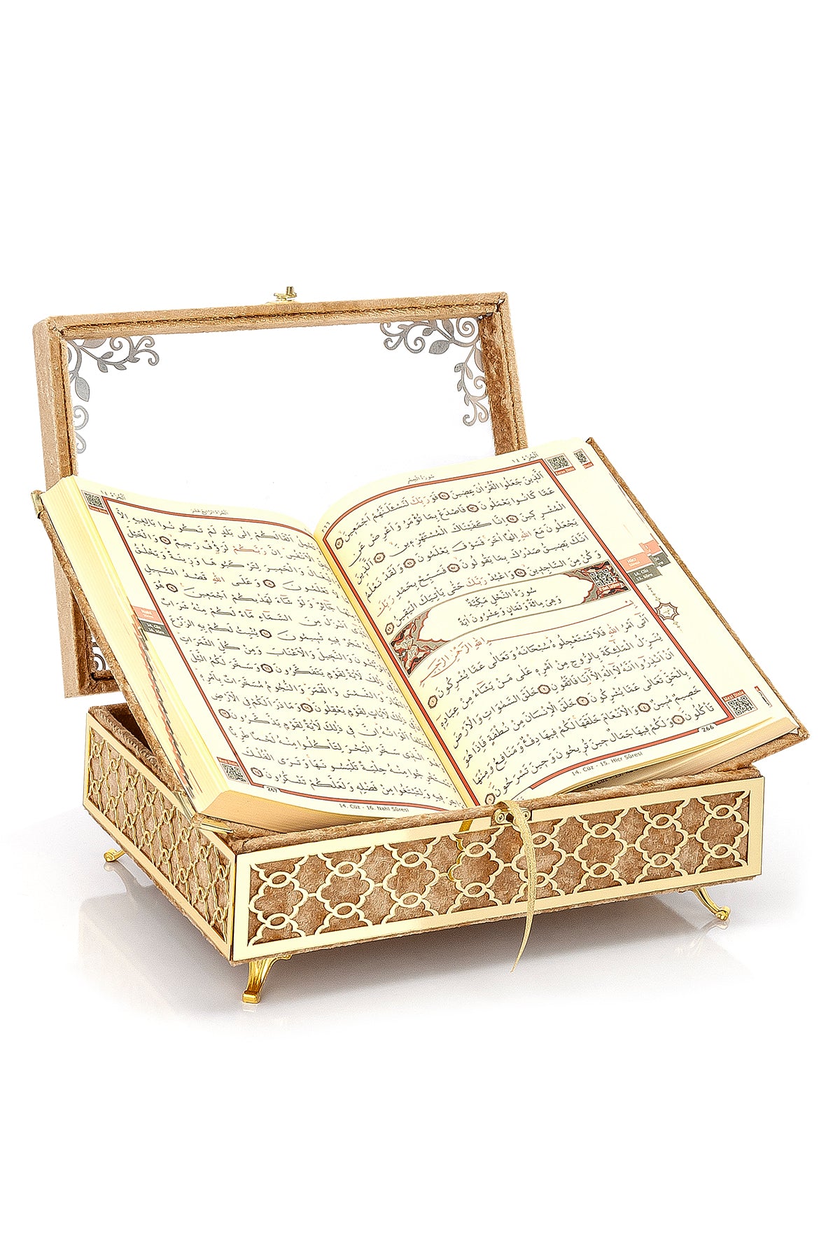 Velvet Covered Holy Quran Gift Set | Gold Embellished Glass-Top Rehal Box | Decorative Islamic Display for Ramadan & Eid - Ihvan