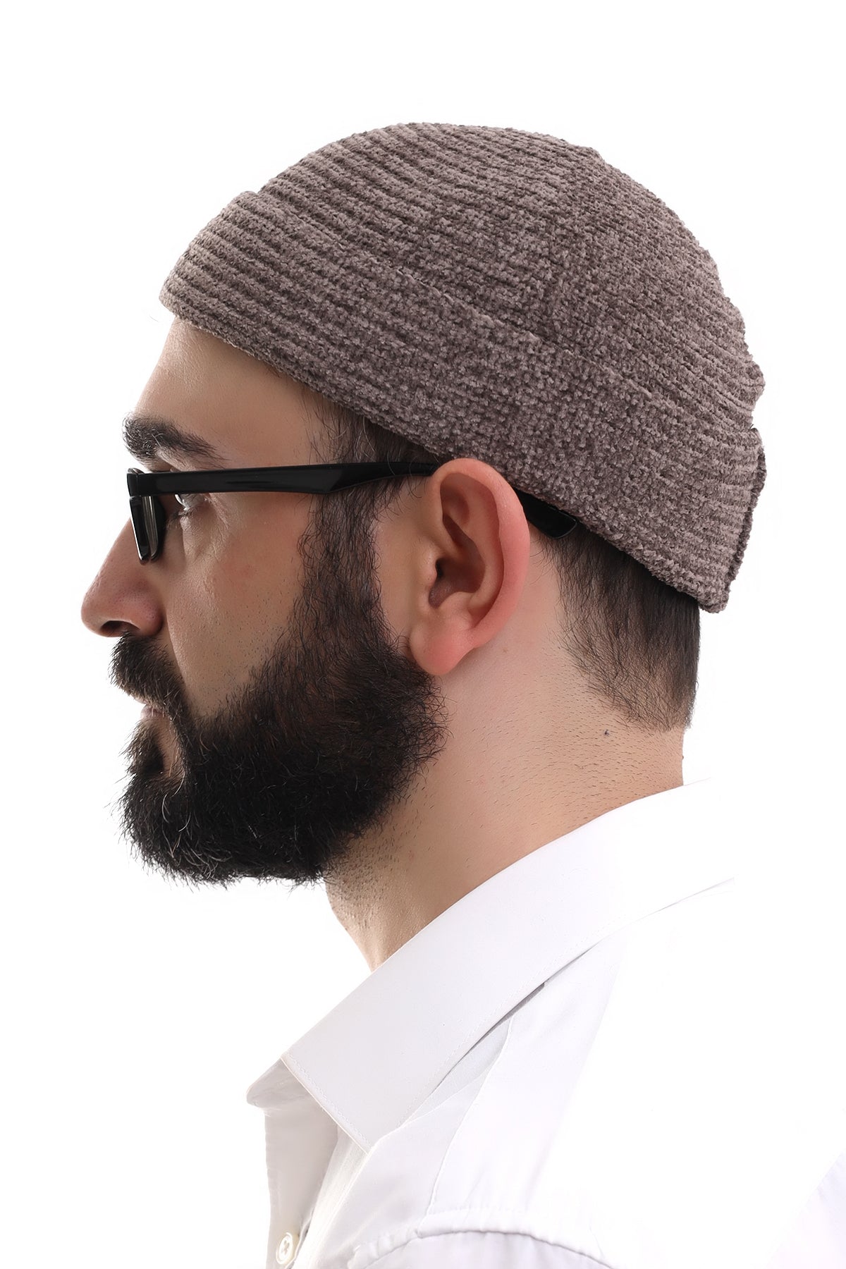 Brown Folded Plain Pattern Winter Velvet Skullcap Hat - ihvan