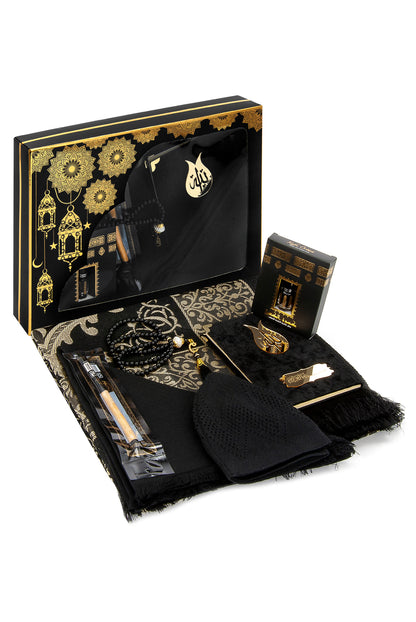 Black Islamic Prayer Gift Set | Velvet Yaseen Book, Prayer Rug, Meswak, Tasbih - Ihvan