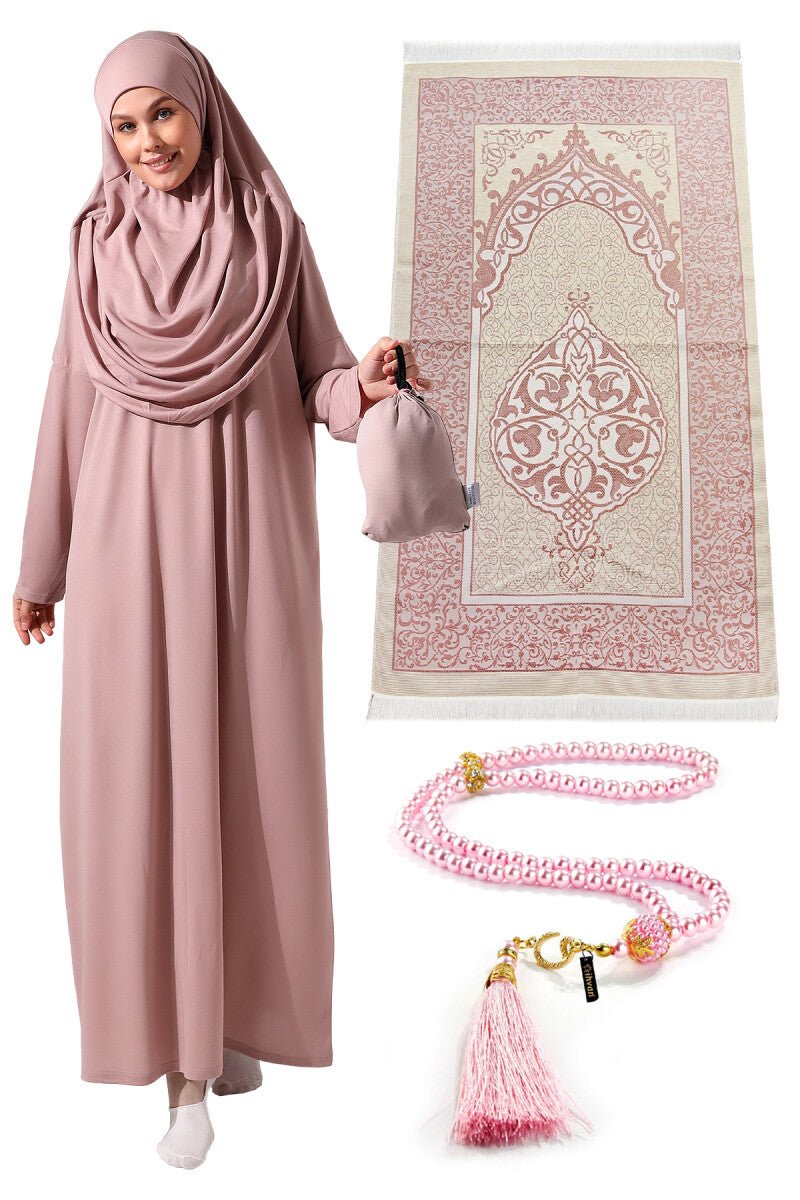 Rose Pink Muslim Prayer Dress Set | One-Piece Islamic Abaya with Hijab & Sajadah & Tasbih & Pouch - Ihvan