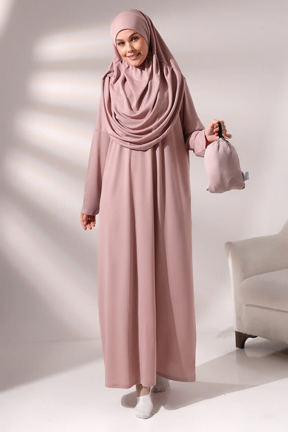 Rose Pink Muslim Prayer Dress Set | One-Piece Islamic Abaya with Hijab & Sajadah & Tasbih & Pouch - Ihvan