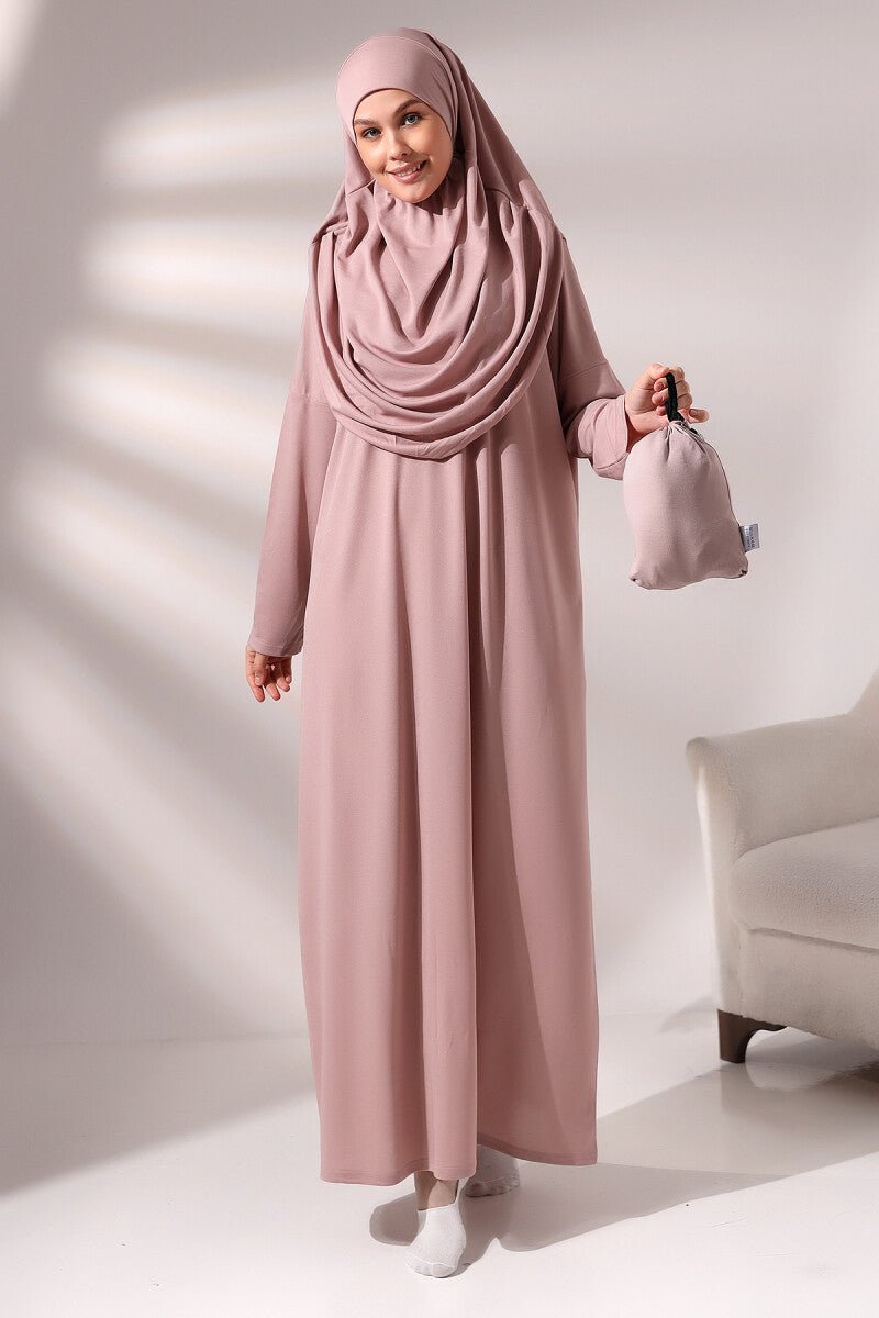 Rose Pink Muslim Prayer Dress Set | One-Piece Islamic Abaya with Hijab & Sajadah & Tasbih & Pouch - Ihvan