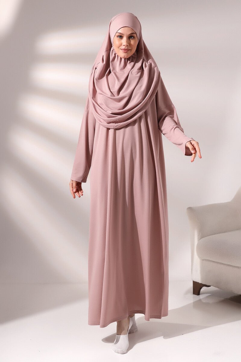 Rose Pink Muslim Prayer Dress Set | One-Piece Islamic Abaya with Hijab & Sajadah & Tasbih & Pouch - Ihvan
