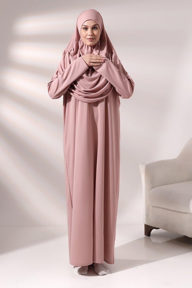 Rose Pink Muslim Prayer Dress Set | One-Piece Islamic Abaya with Hijab & Sajadah & Tasbih & Pouch - Ihvan