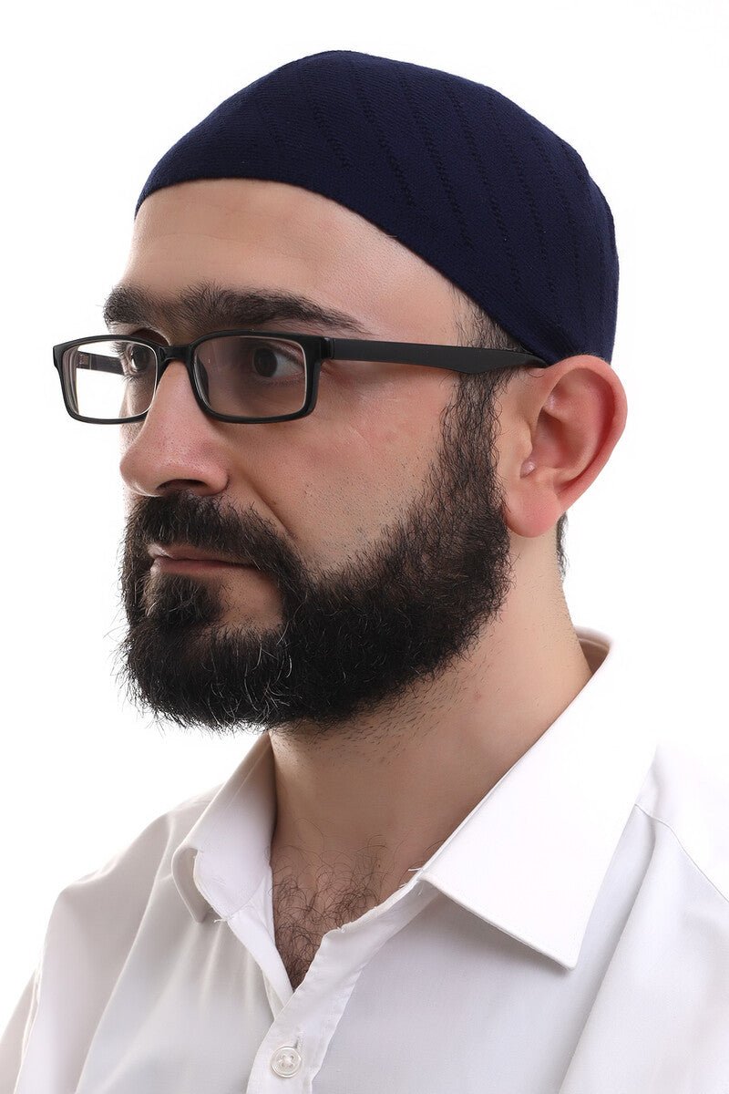 Men’s Navy Blue Winter Kufi Hat | Cross-Patterned Islamic Prayer Cap | Taqiyah, Takke & Skullcap - Ihvan