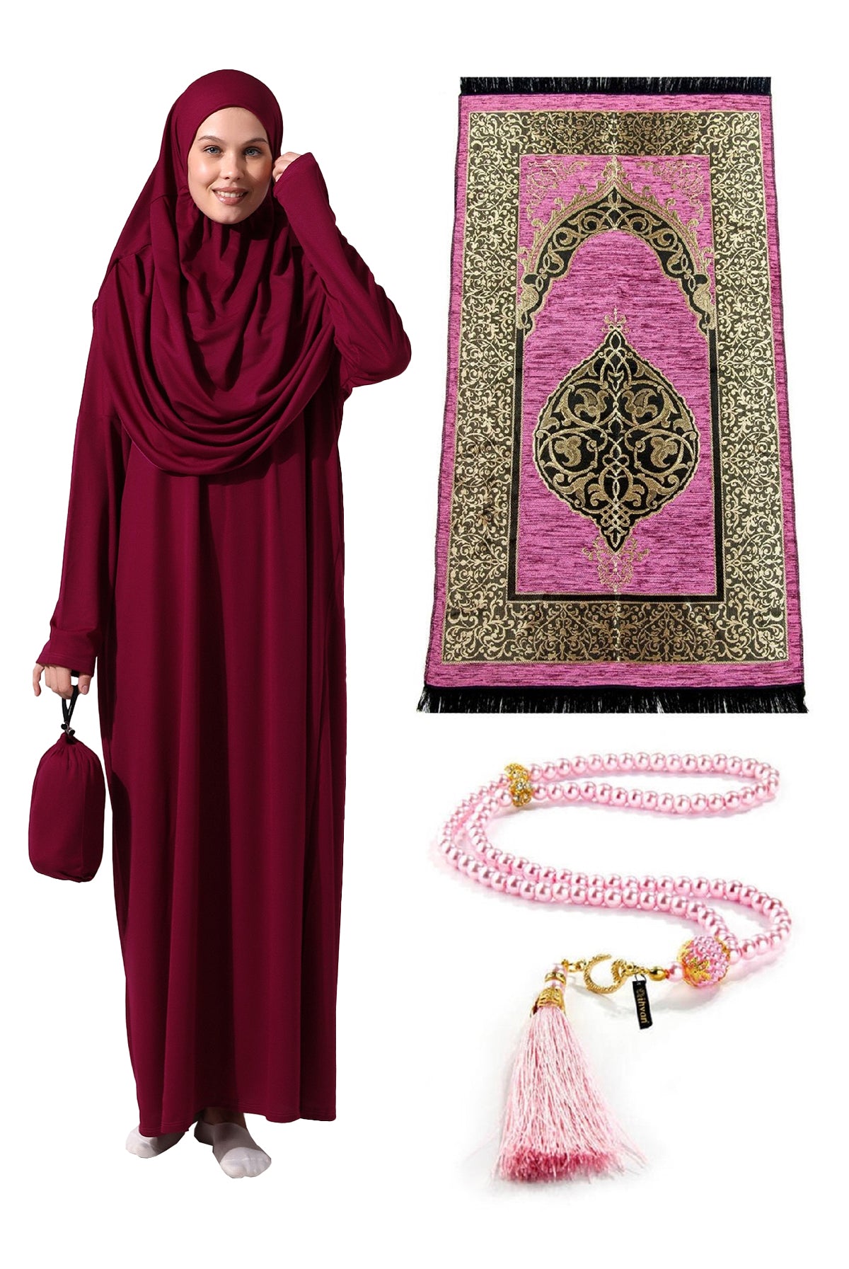 One - Piece Full - Length Long Sleeve Hijab Abaya Dresses for Women with Prayer Rug & Rosary - ihvan
