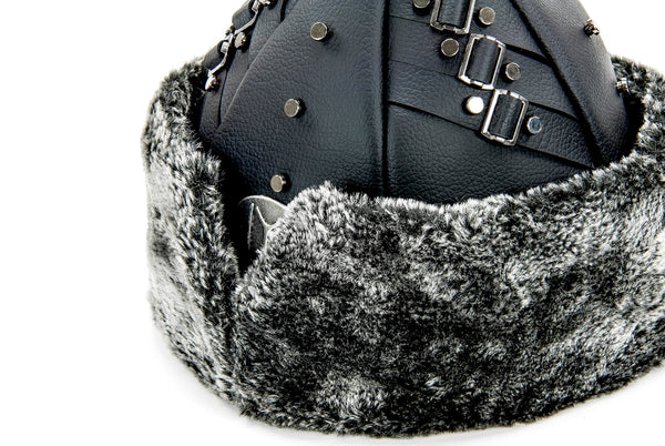Ottoman Bork Hat | Black Faux Leather & Gray Fur Winter Cap | Turkish Heritage Ertugrul Hat - Ihvan