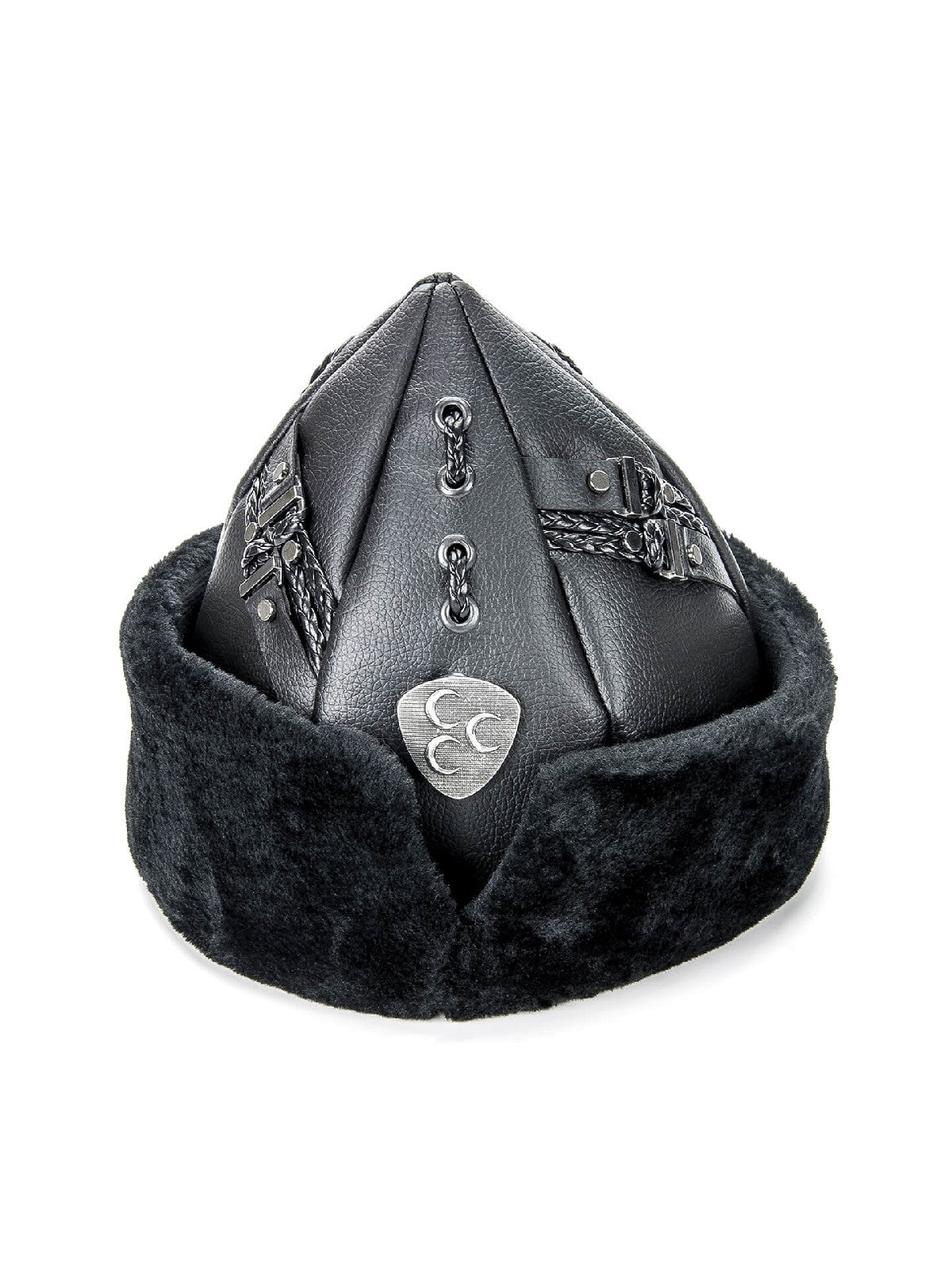 Turkish Ertugrul Ottoman Black Leather and Fur Winter Bork Hat, Three Creasent Design - ihvan