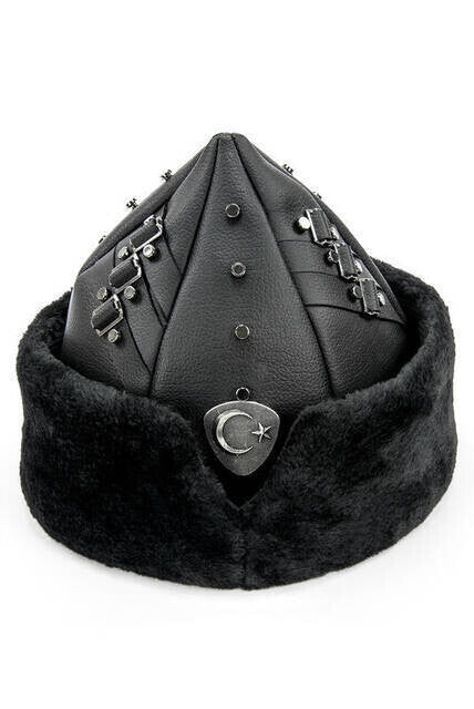 Turkish Ottoman Bork Hat, Ertugrul Leather Fur Winter Cap, Moon and Star, Black Faux Fur and Black Faux Leather - ihvan