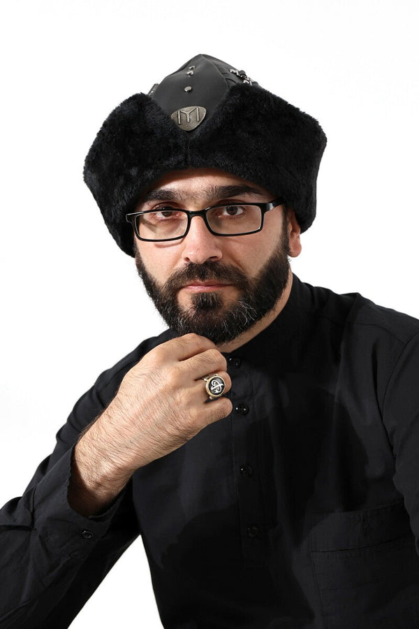 Turkish Ottoman Bork Hat, Ertugrul Leather Fur Winter Cap, Moon and Star, Black Faux Fur and Black Faux Leather - ihvan