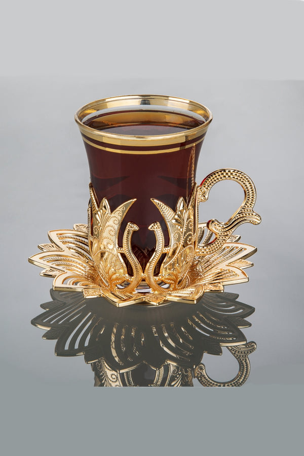 12 Piece Turkish Nostalgic Tea Glasses Set and Saucers for 6 Person, Turkish Tea, Wedding Gifts, Gold - ihvan