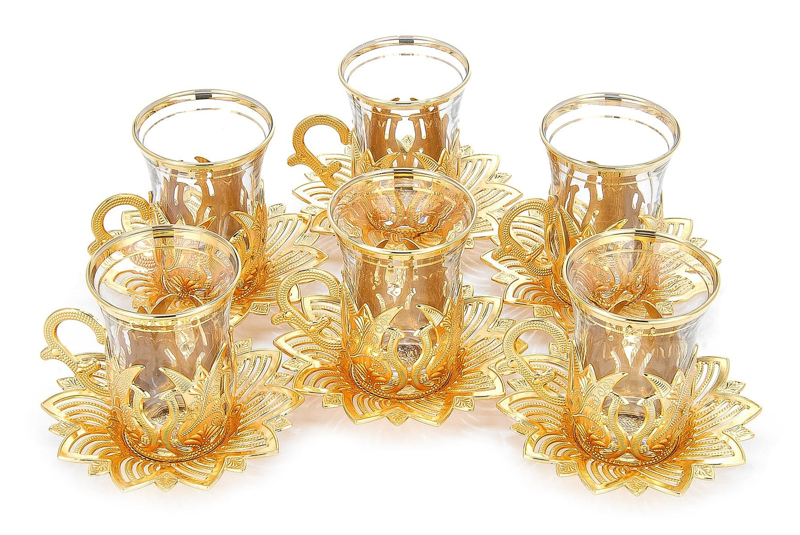 12 Piece Turkish Nostalgic Tea Glasses Set and Saucers for 6 Person, Turkish Tea, Wedding Gifts, Gold - ihvan