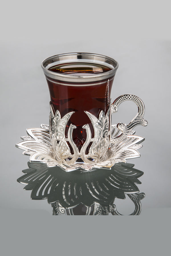 12 Piece Turkish Nostalgic Tea Glasses Set and Saucers for 6 Person, Turkish Tea, Wedding Gifts, Silver - ihvan