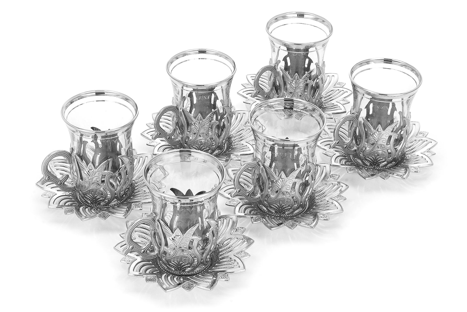 12 Piece Turkish Nostalgic Tea Glasses Set and Saucers for 6 Person, Turkish Tea, Wedding Gifts, Silver - ihvan