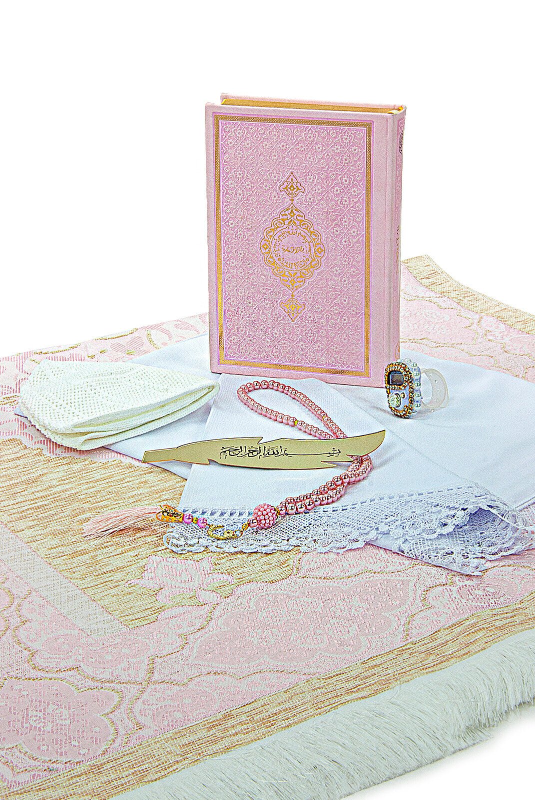 Luxury Pink Bride Quran Gift Set  | Velvet Box & & Holy Quran & Prayer Rug - Ihvan