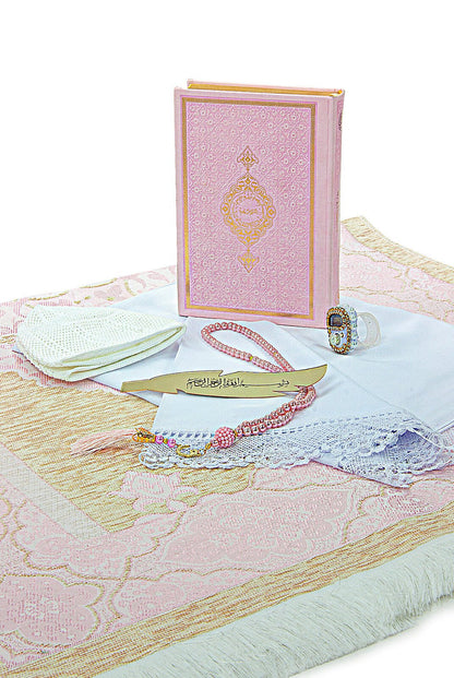 Luxury Pink Bride Quran Gift Set  | Velvet Box & & Holy Quran & Prayer Rug - Ihvan