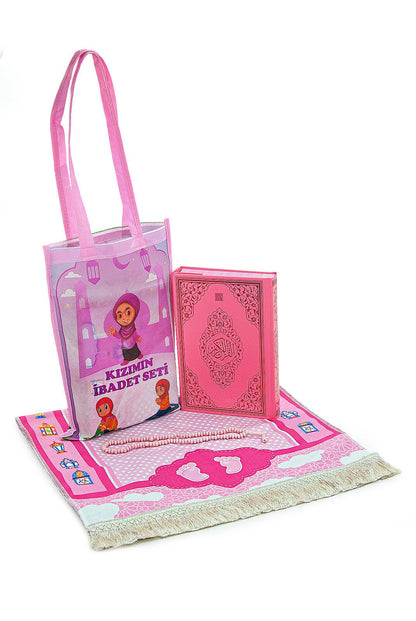 Pink Muslim Prayer Rug Set for Kids | Holy Quran, Tasbih, Mat & Worship Bag - Ihvan