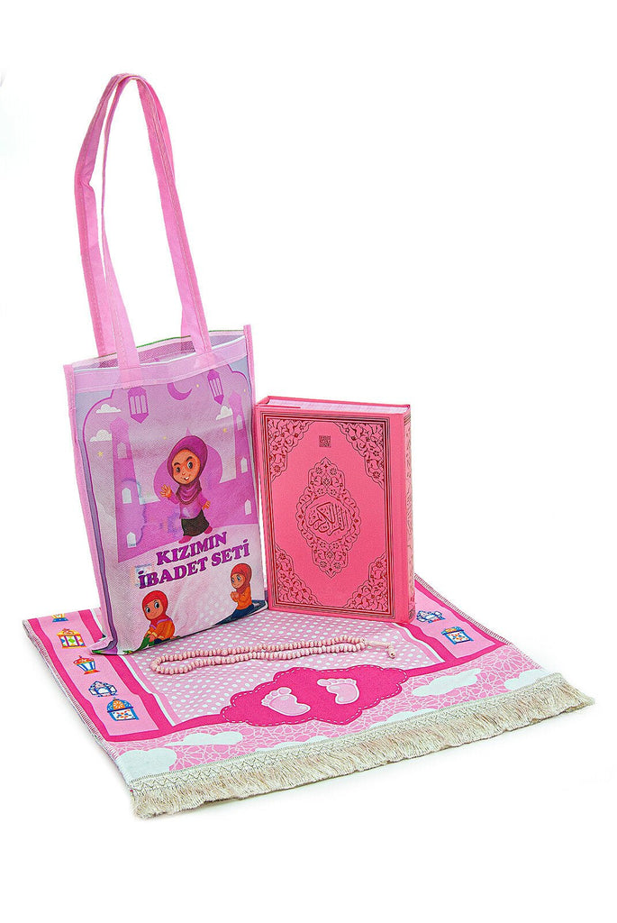 Pink Muslim Prayer Rug Set for Kids | Holy Quran, Tasbih, Mat & Worship Bag - Ihvan